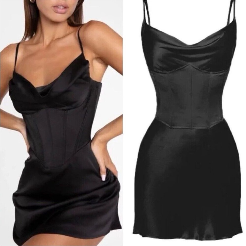 Black Satin Mini Slip Dress with Corset Bodice